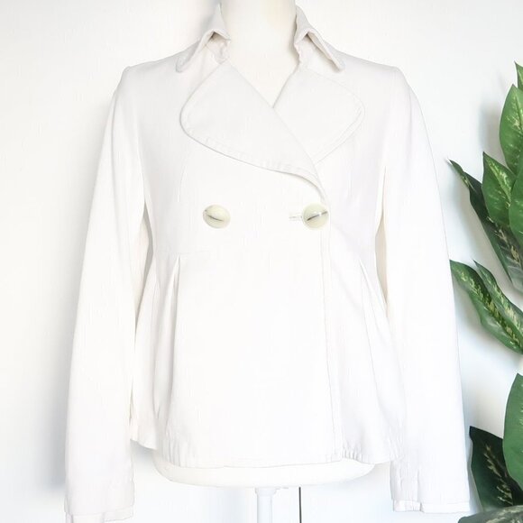 Mango White Cotton Denim Jean Double Breasted Jacket Blazer Short Coat Size 8 - Picture 2 of 9